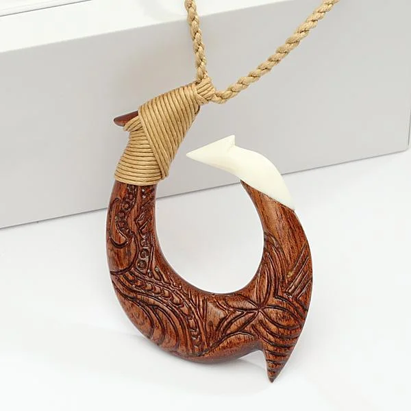 Ladies necklaces for innovators -40x60mm Koa Wood/Cow Bone Fish Hook Necklace with Carving Brown Cord