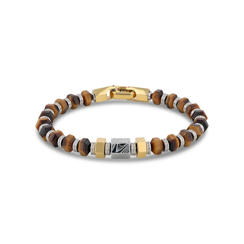 Ladies bracelets vintage bands -Hexagonal Tiger Eye Stone and Damascus Steel Bead Bracelet With Stainless Steel