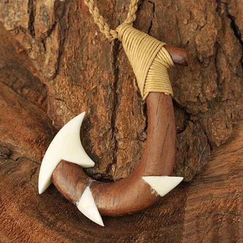 Ladies necklaces for pioneers -Koa Wood Bone Fish Hook Necklace