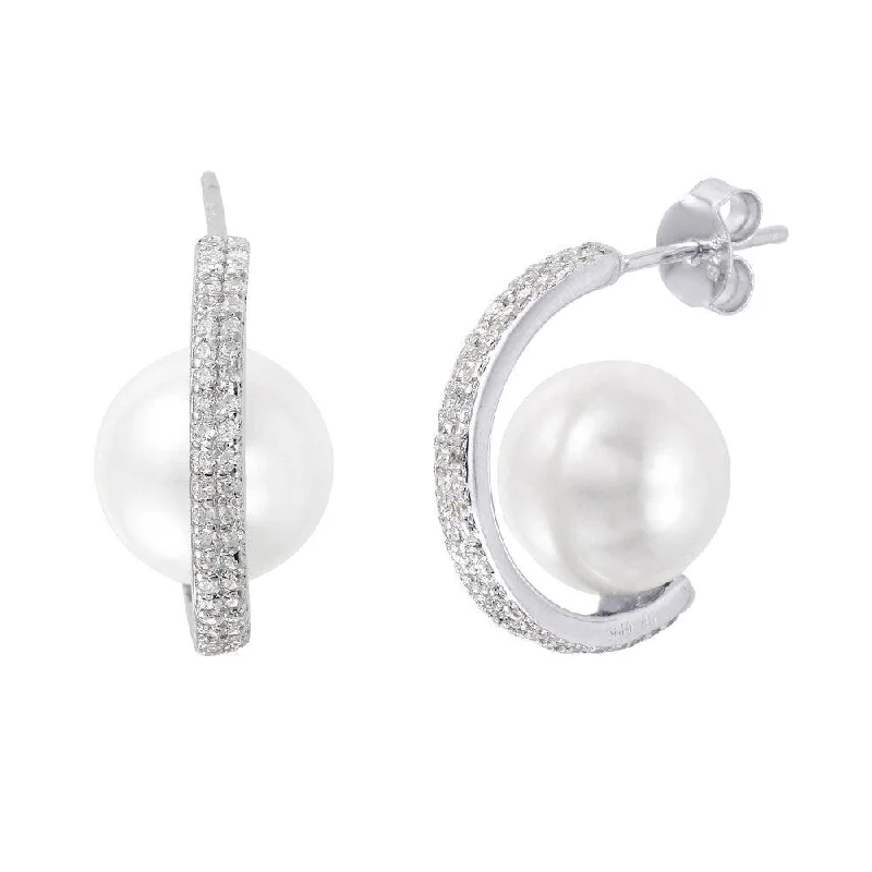 ladies-unique-diamond-earrings-Silver 925 Rhodium Plated C-Curved Pearl CZ Stud Earrings - STE01005