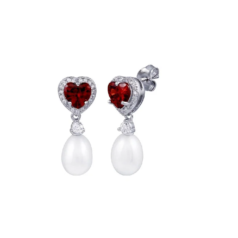 ladies-bridal-rose-gold-earrings-Rhodium Plated 925 Sterling Silver Heart Garnet, Clear CZ and Pearl Dangling Stud Earring - BGE00718