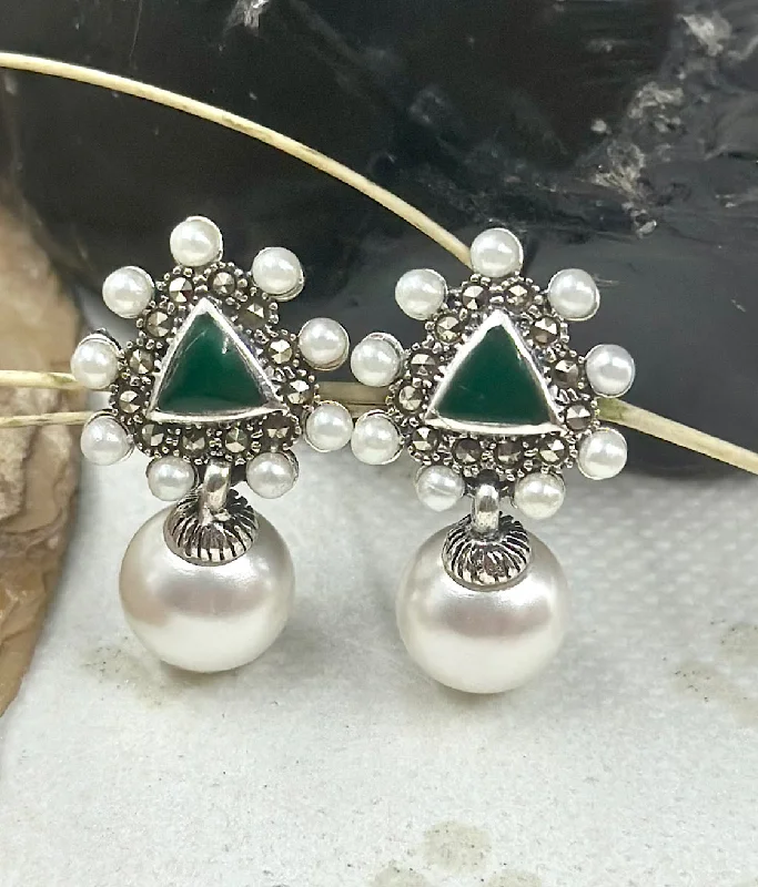 ladies-classic-pearl-earrings-The Silver Pearl & Marcasite Earrings (Green)