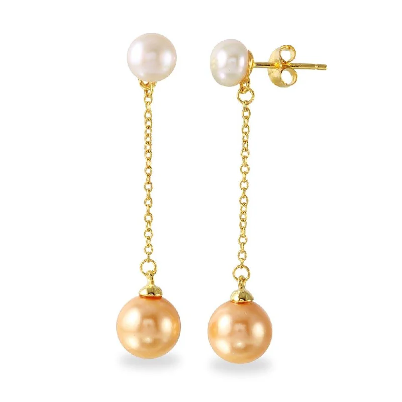 ladies-gift-pearl-earrings-Gold Plated 925 Sterling Silver Fresh Water Pearl with Dangling Synthetic Pearl Earrings - BGE00524