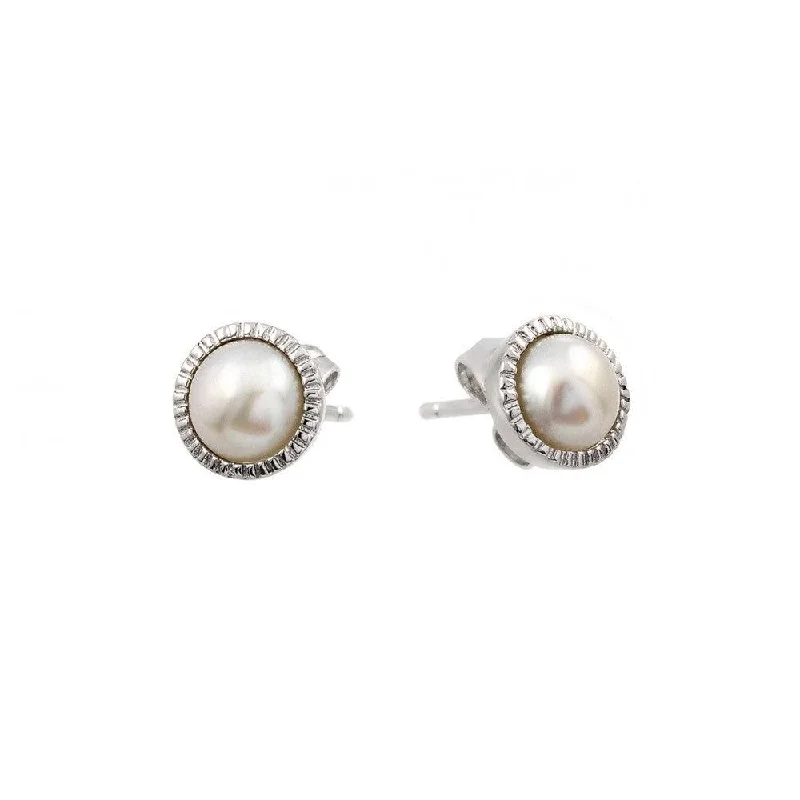 ladies-vintage-gold-earrings-Silver 925 Rhodium Plated Round CZ Inlay Center Fresh Water Pearl Stud Earrings - BGE00404