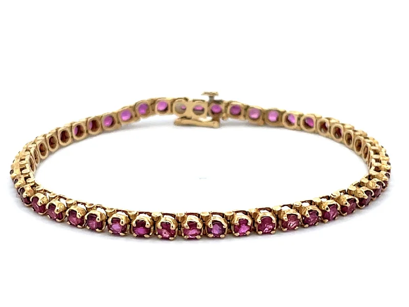 Ladies bracelets for intimate dinners -Round Red Ruby Tennis Bracelet in 14k Yellow Gold