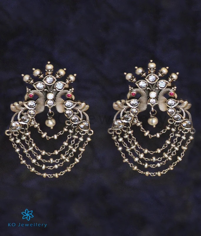 ladies-moon-chandelier-earrings-The Drishya Silver Peacock Earrings (Red/White;Oxidised)