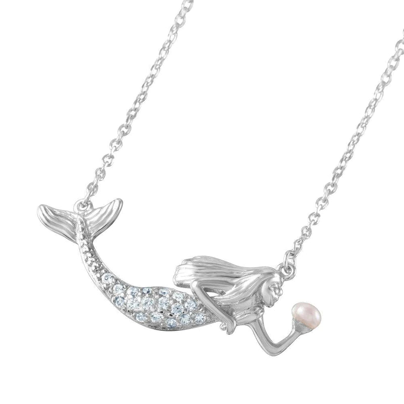 Ladies necklaces for excursions -Silver 925 Rhodium Plated Clear CZ and Pearl Mermaid Necklace