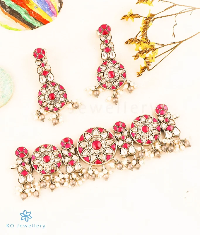 ladies-handmade-silver-earrings-The Utkarsh Silver Choker Necklace & Earrings (Red)