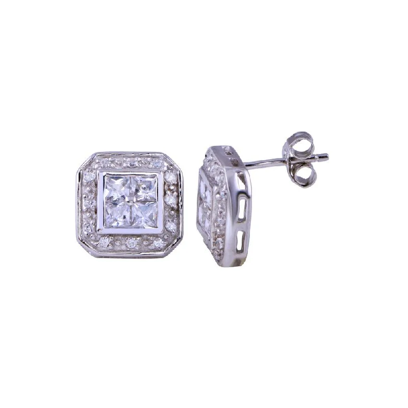 ladies-diamond-tassel-earrings-Final Price-Rhodium Plated 925 Sterling Silver Square Halo Clear CZ Stud Earring - STEM009