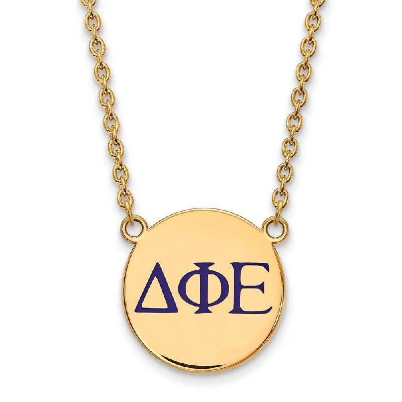 Ladies necklaces with moss agate -14K Plated Silver Delta Phi Epsilon Large Blue Enamel Letters Necklace