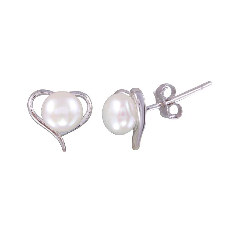 ladies-silver-chandelier-earrings-Rhodium Plated 925 Sterling Silver Heart Stud Earrings with Synthetic Pearl - BGE00627