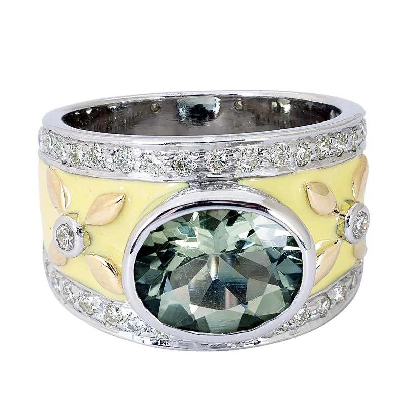 ladies-birthstone-silver-rings-Ring- Green Quartz and Diamond (Enamel)  (24JM)