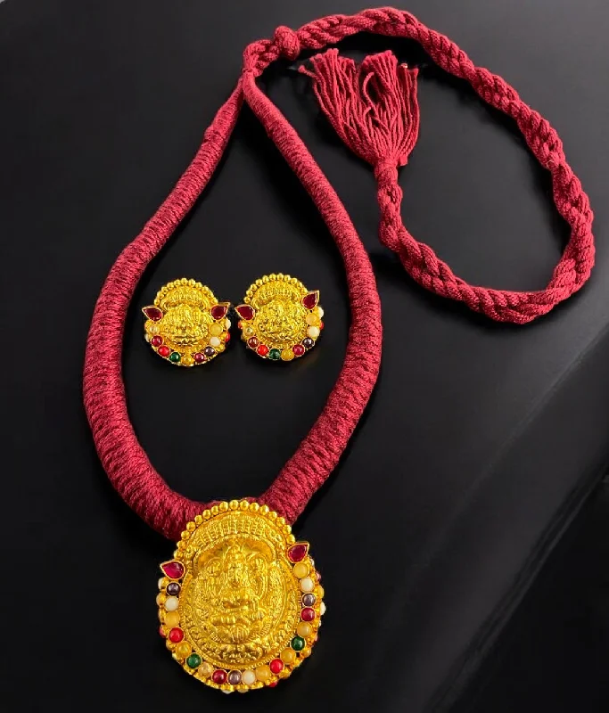 ladies-artisan-hoop-earrings-The Abhata Silver Lakshmi Navratna Thread Necklace & Earrings