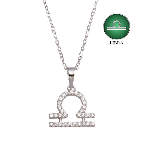 Ladies necklaces fancy chains -Silver 925 Rhodium Plated Libra CZ Zodiac Sign Necklace