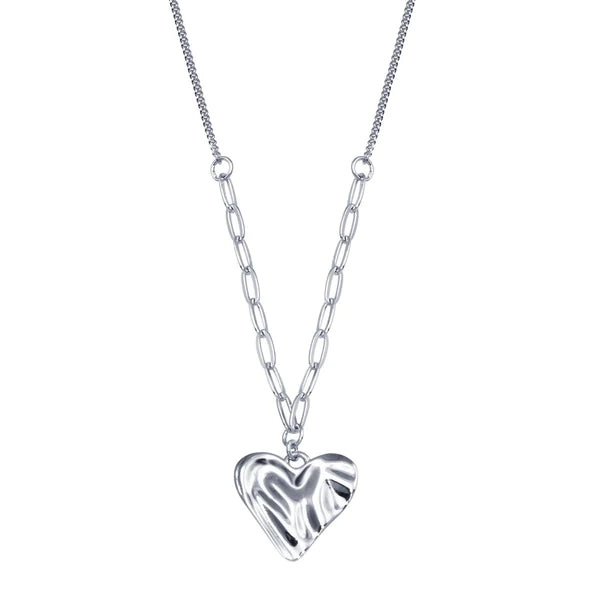 Ladies necklaces for game nights -Silver 925 Rhodium Plated Creased Heart Necklace