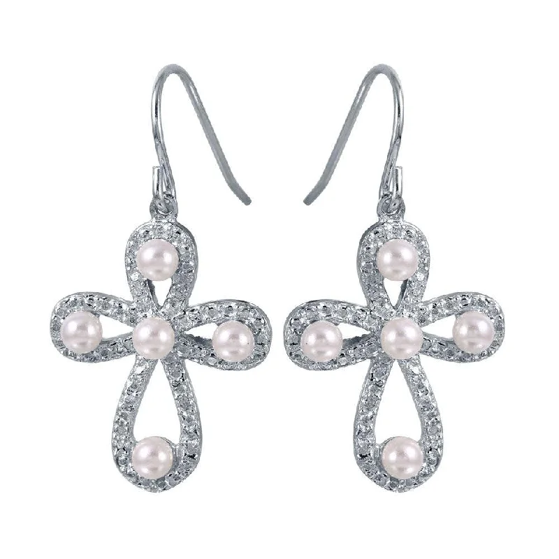 ladies-minimalist-dangle-earrings-Silver 925 Rhodium Plated Rounded Textured Cross Earrings with Synthetic Pearls - STE00969