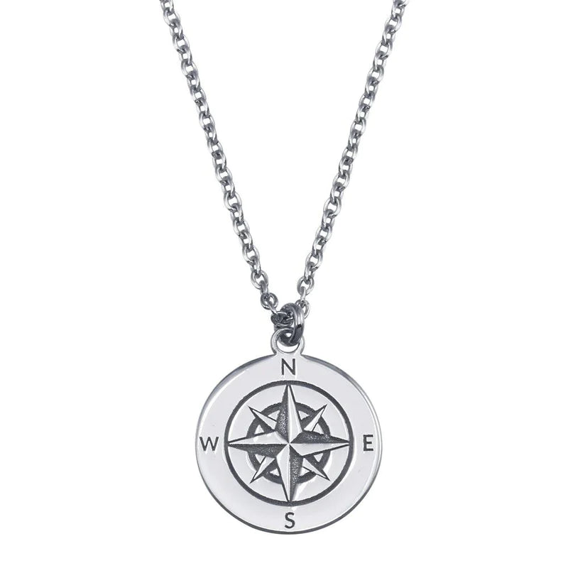 Ladies necklaces vintage strands -Silver 925 Rhodium Plated Compass Engraved DiscPendant Necklace