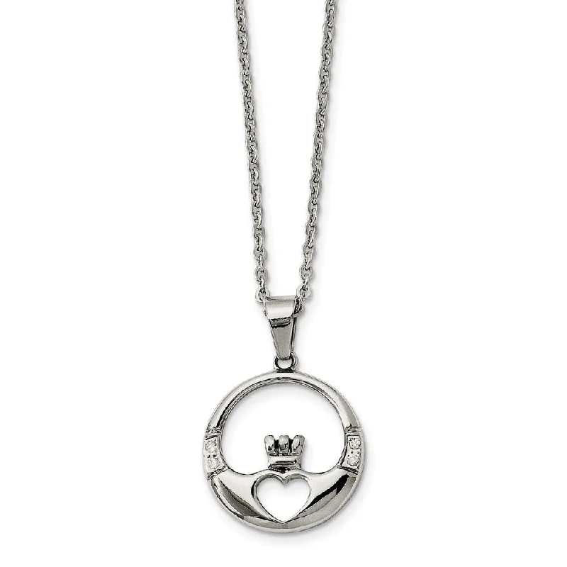 Ladies necklaces for dancers -Stainless Steel and Cubic Zirconia Claddagh Pendant Necklace - 20 Inch