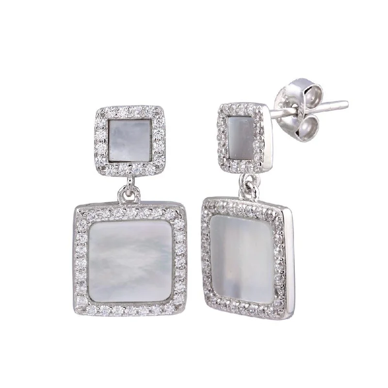 ladies-artisan-pearl-earrings-Rhodium Plated 925 Sterling Silver Dangling Square Mother of Pearl CZ Earring - STE01236