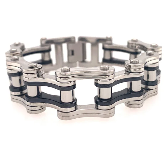 Ladies bracelets for getaways -Stainless Steel And Black Bike Chain Bracelet / WCB1008