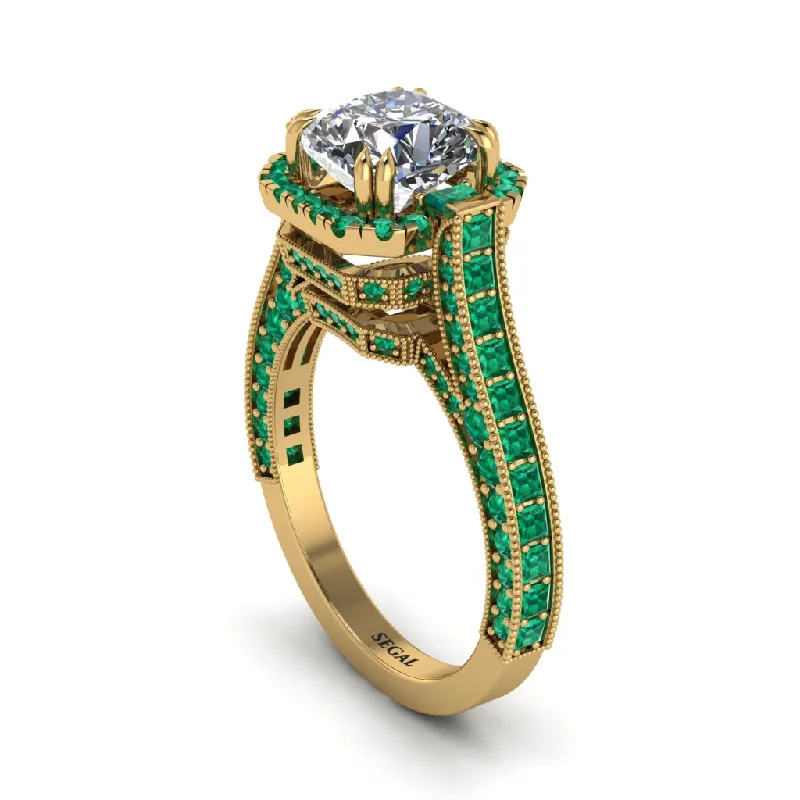 engagement-emerald-three-stone-ring-Diamond Three Halo Milgrain Engagement Ring - Mira No. 16