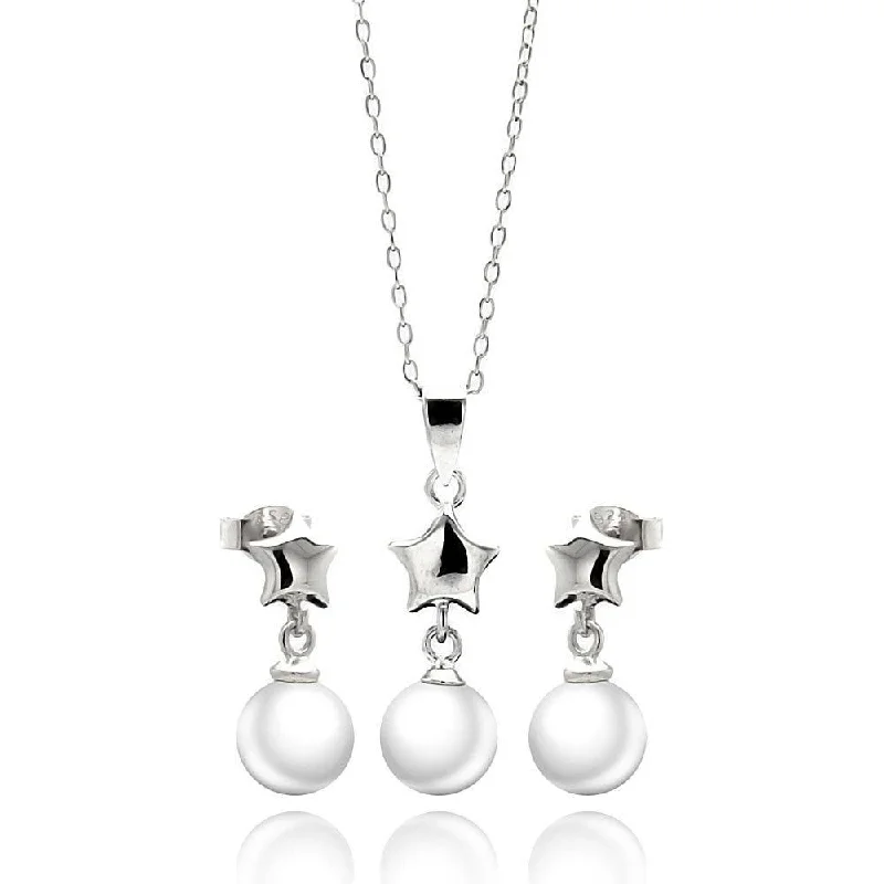 ladies-birthstone-stud-earrings-Silver 925 Rhodium Plated Star White Enamel Pearl Dangling Stud Earring and Necklace Set - STS00448