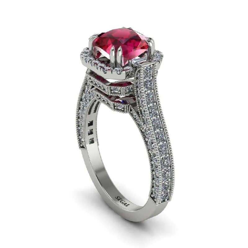 engagement-radiant-cut-diamond-ring-Ruby Three Halo Milgrain Engagement Ring - Mira No. 12