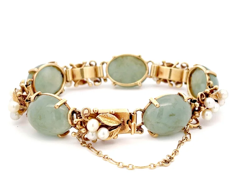 Ladies bracelets for countryside drives -Mings Hawaii Jade and Pearl Leaf Bracelet in 14K Yellow Gold