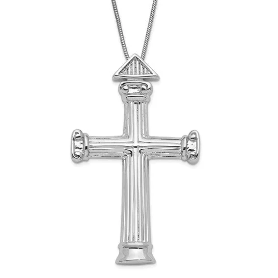 Ladies necklaces rustic appeal -Rhodium Plated Sterling Silver Strength Pillar Cross Necklace, 18 Inch