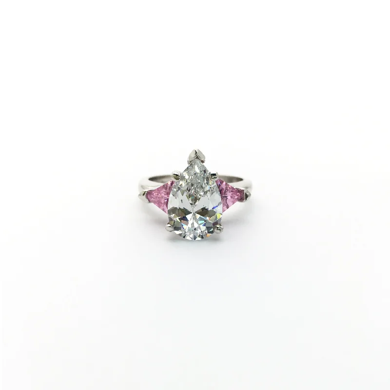 engagement-elegant-emerald-ring-Pear-shaped and Pink Trillion Three Stone Engagement Ring (14K)