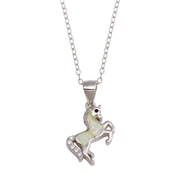 Ladies necklaces for expos -Silver 925 Rhodium Plated Unicorn Synthetic Opal Necklace with CZ