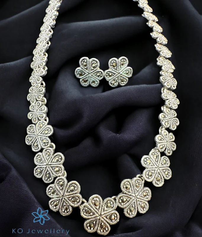 ladies-gold-pearl-earrings-The Clora Floral Silver Marcasite Necklace & Earrings