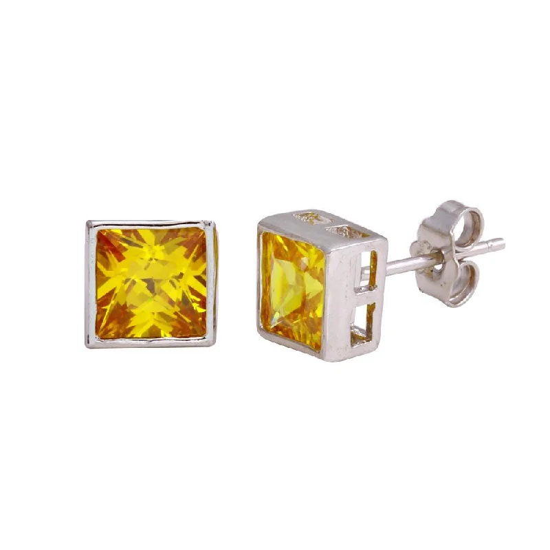 ladies-flower-silver-earrings-Final Price-Rhodium Plated 925 Sterling Silver Square Yellow CZ Stud Earring - STEM151-7MM