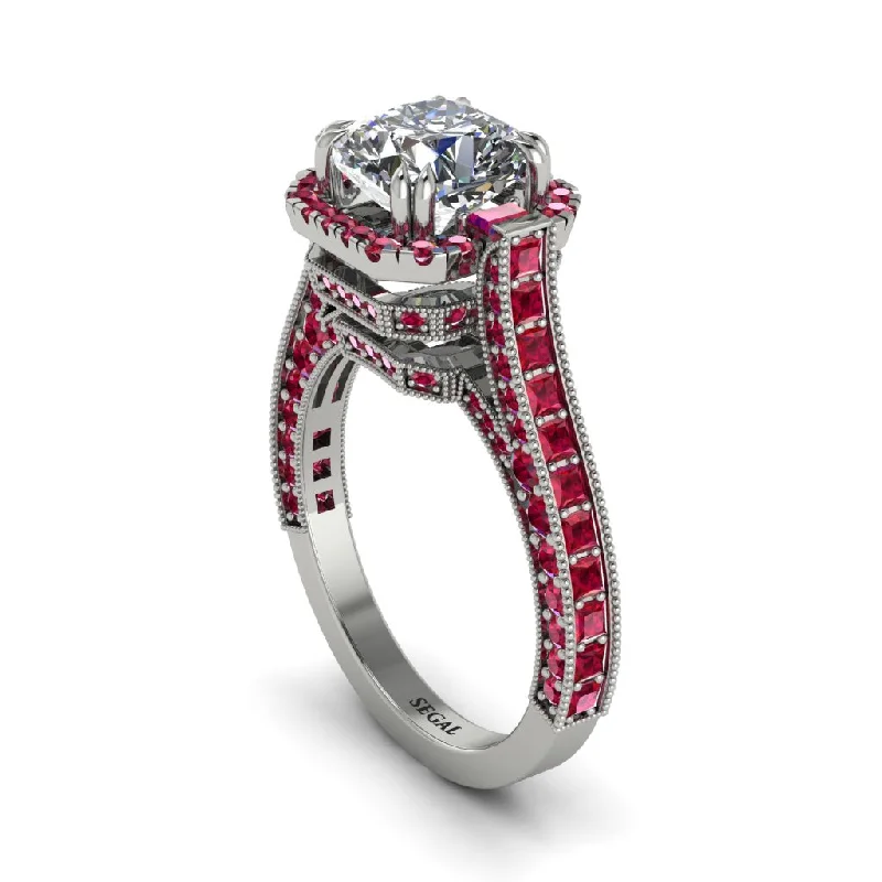 engagement-unique-platinum-ring-Diamond Three Halo Milgrain Engagement Ring - Mira No. 48