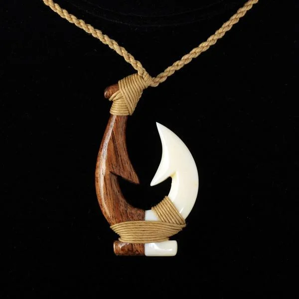 Ladies necklaces with amazonite -Koa Wood Cow Bone Fish Hook Necklace