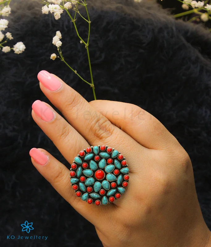 ladies-oval-rose-gold-rings-The Prisha Silver Gemstone Cocktail Finger-ring(Coral/Turquoise)