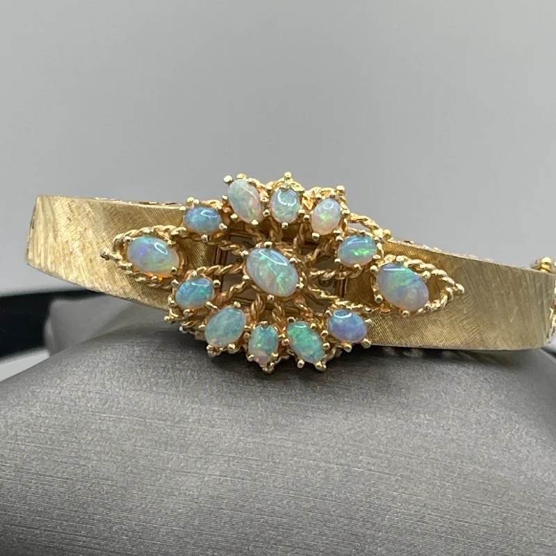 Ladies bracelets for engagement parties -14 Karat Yellow Gold Heavy Filigree Opal Bracelet With Swiss Watch Insert