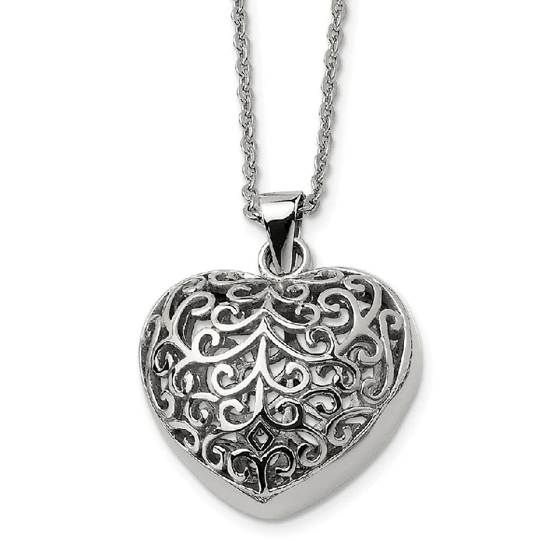 Ladies necklaces with tiger’s eye -Stainless Steel Large Filigree Puffed Heart Necklace, 22 Inch