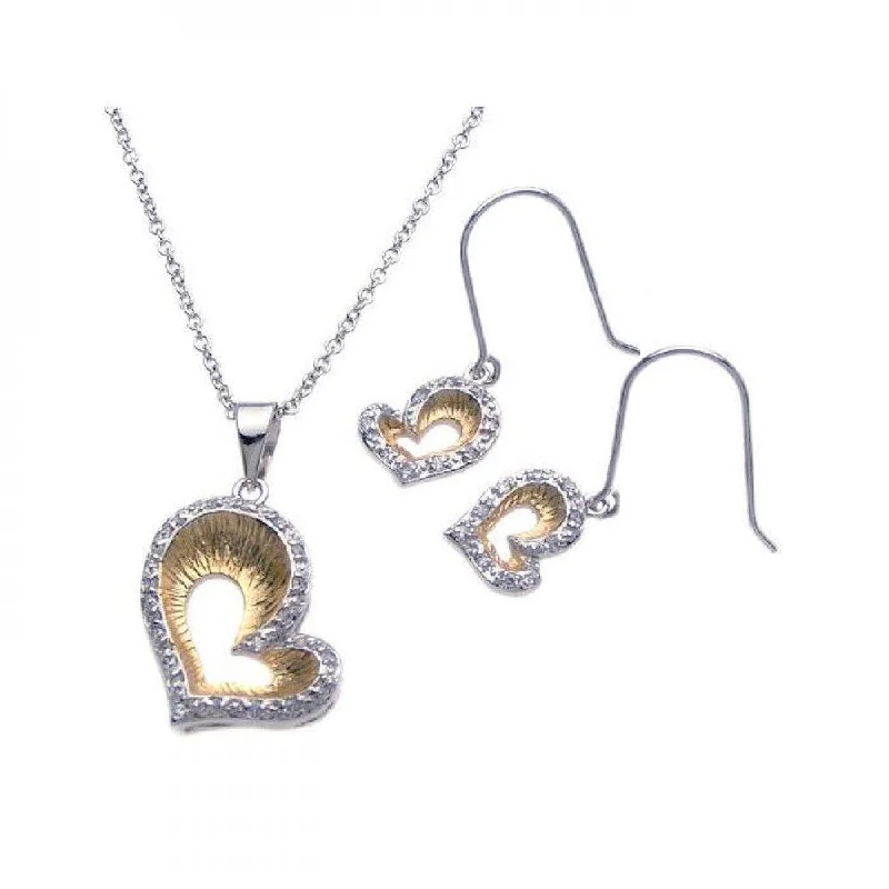 ladies-fashion-dangle-earrings-Clearance-Silver 925 Rhodium and Gold Plated Open Heart Clear Border CZ Hook Earring and Dangling Necklace Set - BGS00089