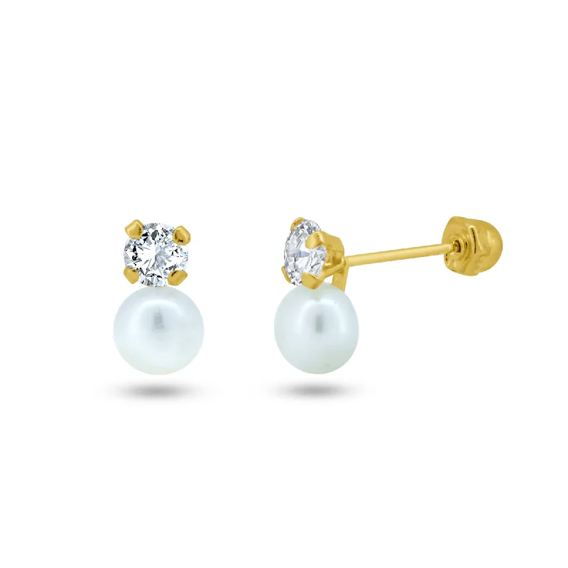 ladies-gift-silver-earrings-14E00267. - 14 Karat Yellow Gold CZ with Pearl Screw Back Stud Earrings