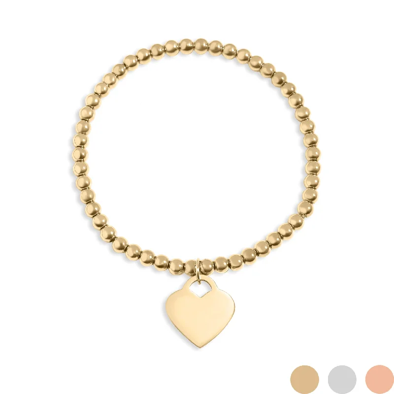 Ladies bracelets with hope charms -18K Gold PVD Stainless Steel Beaded Blank Heart Stretch Bracelet / SBB0273