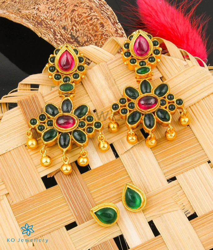 ladies-tassel-rose-gold-earrings-The Dvaita Silver Kempu Reversible Earrings(Red/Green)