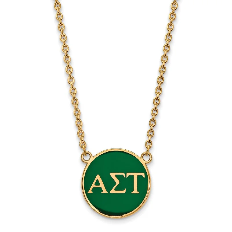 Ladies necklaces with lion pendants -14K Plated Silver Alpha Sigma Tau Large Green Enamel Disc Necklace