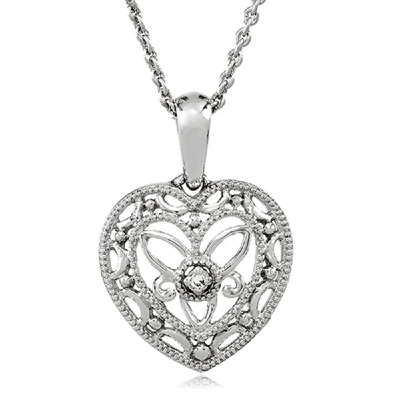 Ladies necklaces with lion pendants -Vintage Style Diamond Heart Necklace in Sterling Silver