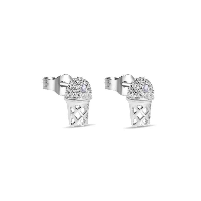 ladies-handmade-rose-gold-earrings-Final Price-Rhodium Plated 925 Sterling Silver Small Basketball Rim CLR CZ Earrings - STEM134-CLR