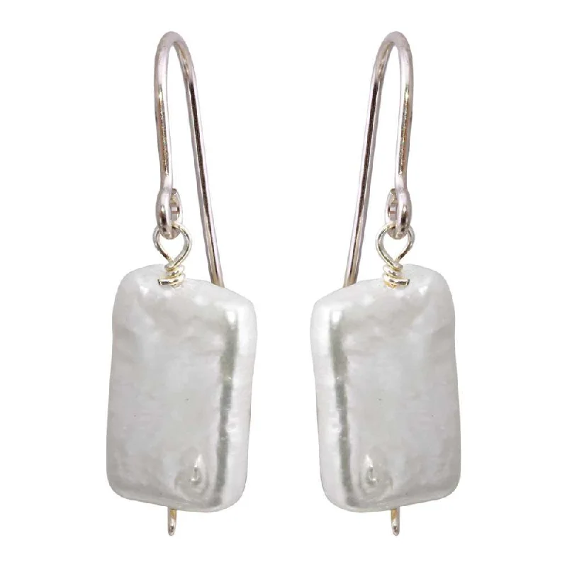 ladies-modern-rose-gold-earrings-Rhodium Plated 925 Sterling Silver Fish Hook Square Dangling Pearl Earrings - PJE00004