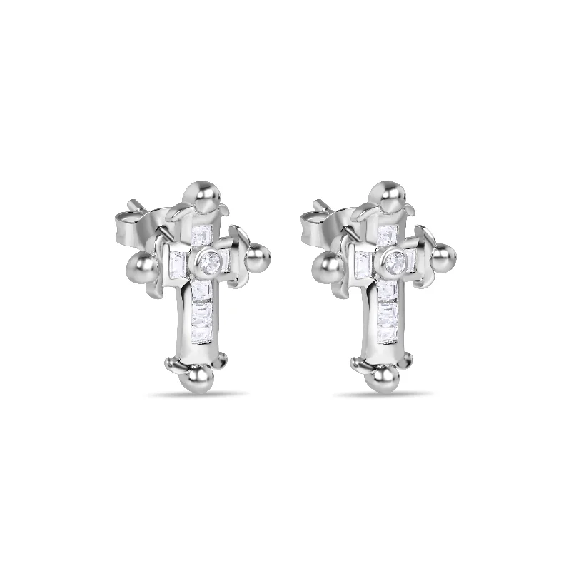 ladies-flower-chandelier-earrings-Final Price-Rhodium Plated 925 Sterling Silver Cross Clear CZ Stud Earring - STEM021