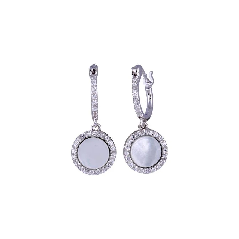 ladies-minimalist-hoop-earrings-Rhodium Plated 925 Sterling Silver Dangling CZ Disc with Mother of Pearl huggie hoop Earring -BGE00675