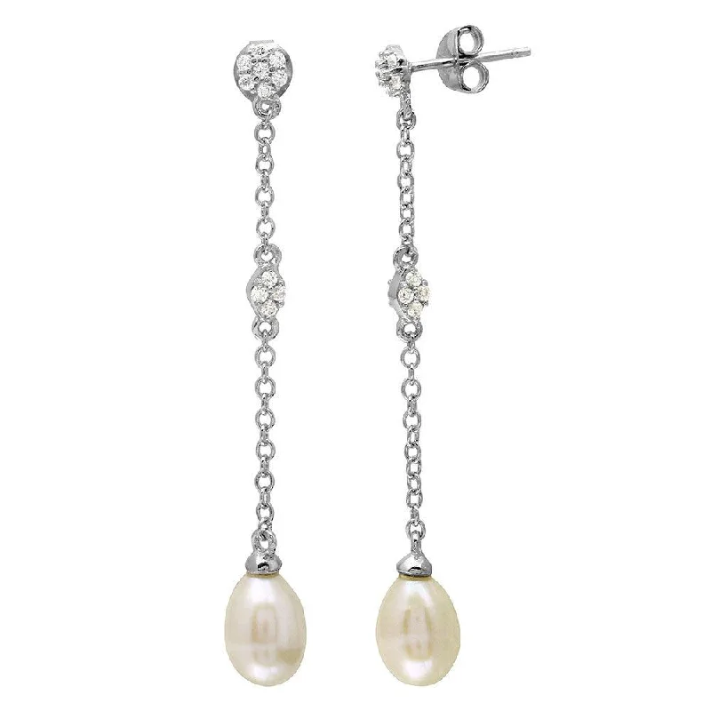 ladies-gift-rose-gold-earrings-Rhodium Plated 925 Sterling Silver Dangling CZ and Fresh Water Pearl Earrings - BGE00507