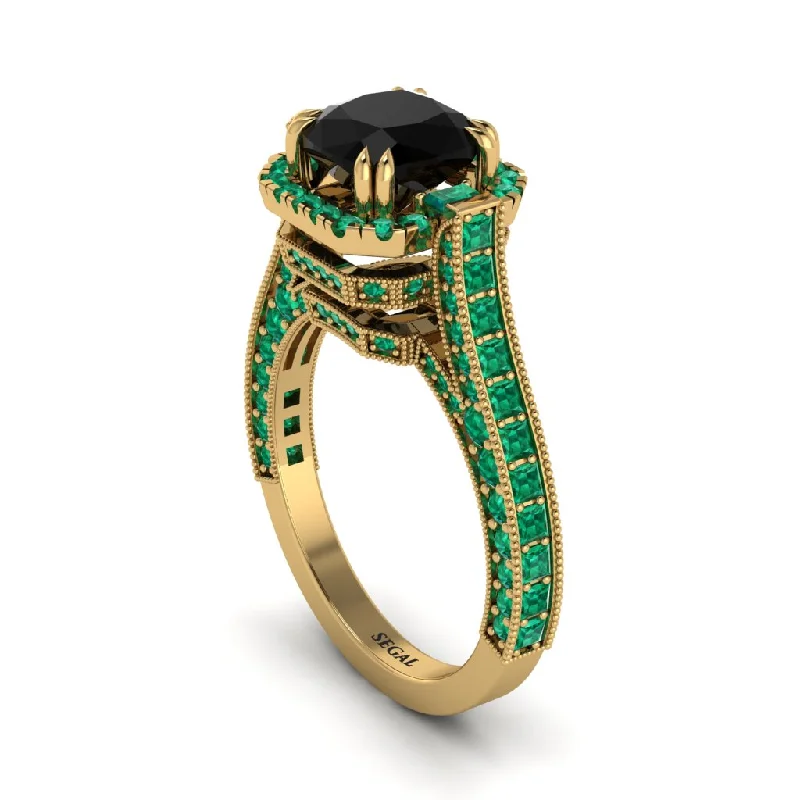 engagement-elegant-emerald-ring-Black Diamond Three Halo Milgrain Engagement Ring - Mira No. 22